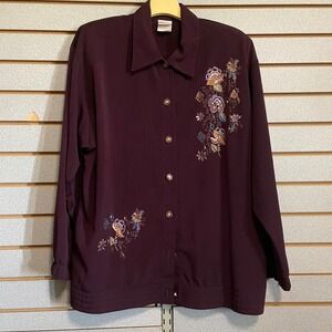 GW Division of Graff Painted Floral Button Down Blouse Long Sleeve‎ Plum M